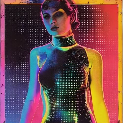 A high-collar bodysuit with glowing seams and matte panels