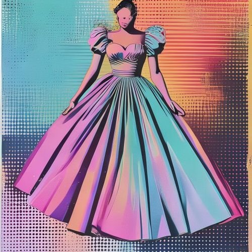 A pastel gown with puffed sleeves and a skirt that swishes